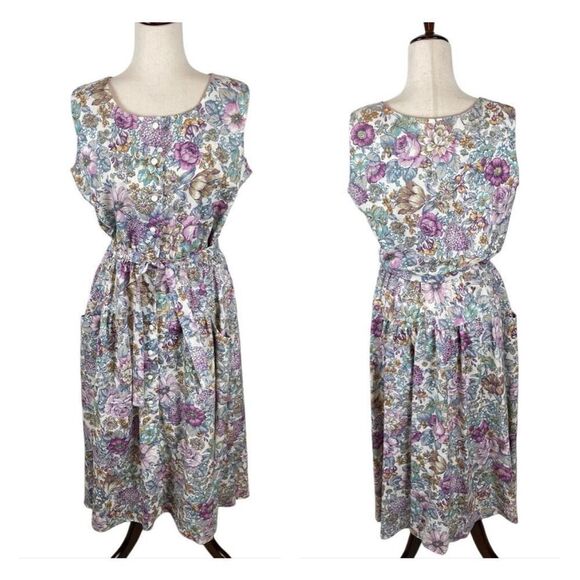 Vintage New Looks Granny floral wide strap belted sundress womens*16 Modest Boho - Picture 3 of 14